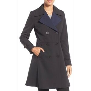Trina Turk, Tara Waterproof Blue Black Long Trench Coat SZ 8 Clean Girl Corpcore
